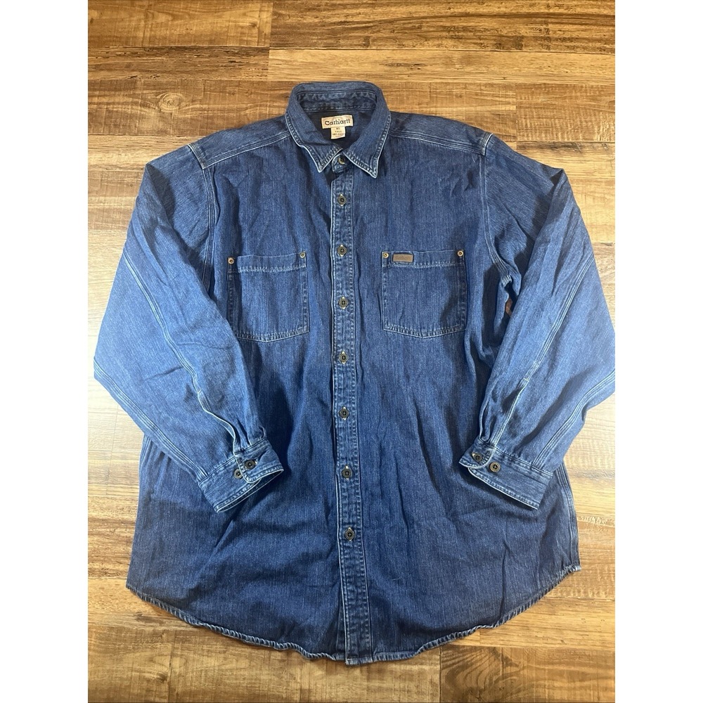 Carhartt Denim Shirt Mens XL TALL Blue Indigo Button Up Work Workwear